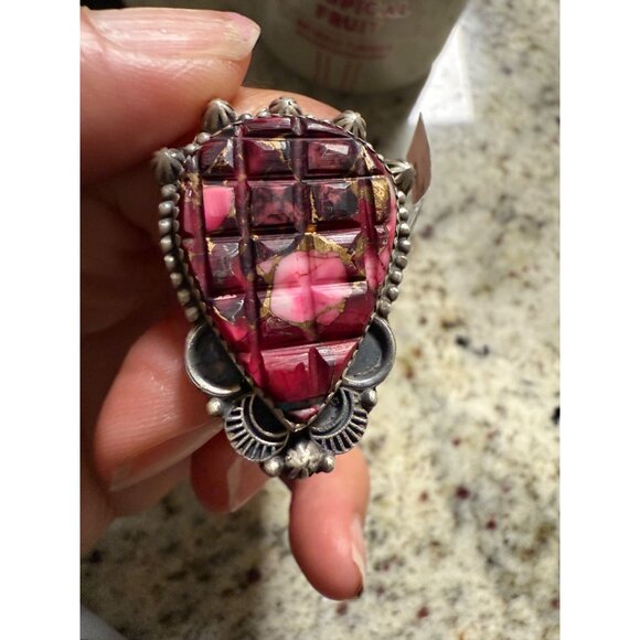 Artisan Rose Dahlia Southwest Mosaic Carved Adj Sterling Silver Statement Ring - Picture 9 of 10